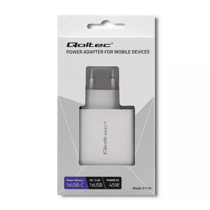 Qoltec 51718 cargador | 45W | 5-20V | 2,4-3A | USB Type-C PD | USB | blanco