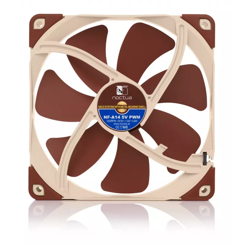 Noctua NF-A14 5V PWM ventilador de caja de 140 mm, 300–1500 rpm, 24,6 dB, beige/marrón
