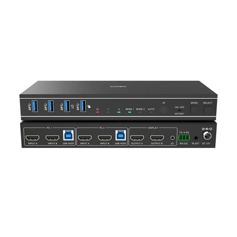 Conmutador KVM Lindy 2 puertos Dual Head HDMI 4K60, USB 3.0, 4096 x 2160 píxeles, 4K Ultra HD, Negro