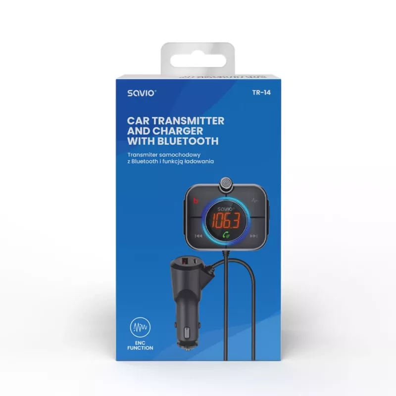 Transmisor FM SAVIO TR-14 Bluetooth USB, FM 87,6–107,9 MHz, MicroSD, USB-C, alimentación de coche 12 V