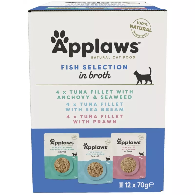 Applaws selección de pescado en caldo, multipack de comida húmeda para gatos, 12 × 70 g