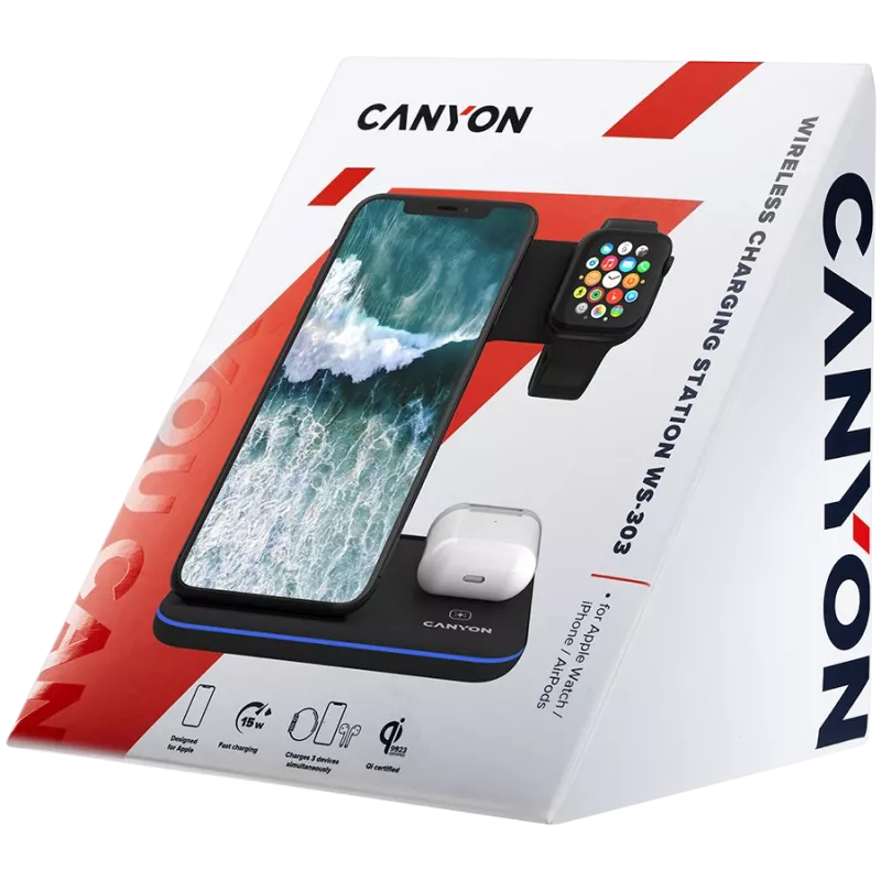 Canyon Base de carga inalámbrica 3en1 QI para Apple 15W negra venta al por menor