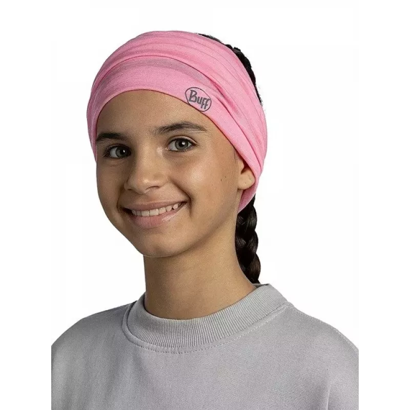 Bandana multifunción infantil Buff Merino Lightweight – rosa liso, prenda para la cabeza de lana merino sin costuras para niños