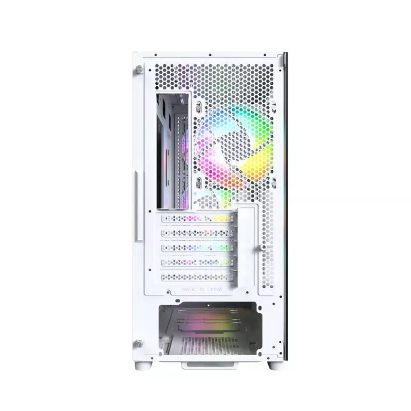Caja de PC Montech X5M (W) Micro Tower, Blanco — Micro-ATX/Mini-ITX, compatible con fuentes ATX, 3x120 mm frontal, 1x120 mm trasero, 2 bahías de 3,5