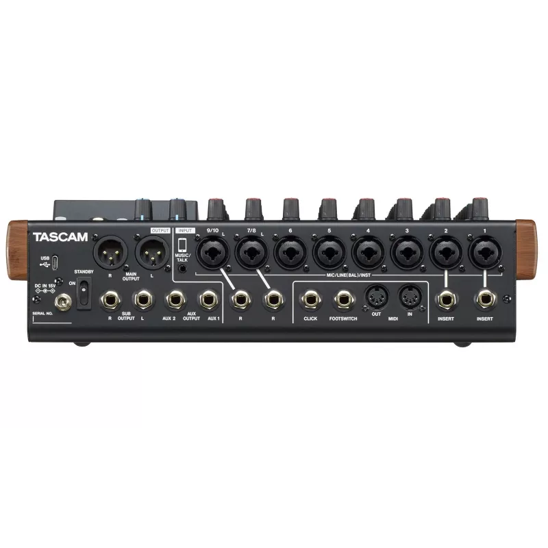 Tascam Model 12 mezclador de 10 canales con grabador de 12 pistas, 20–20000 Hz, negro/madera