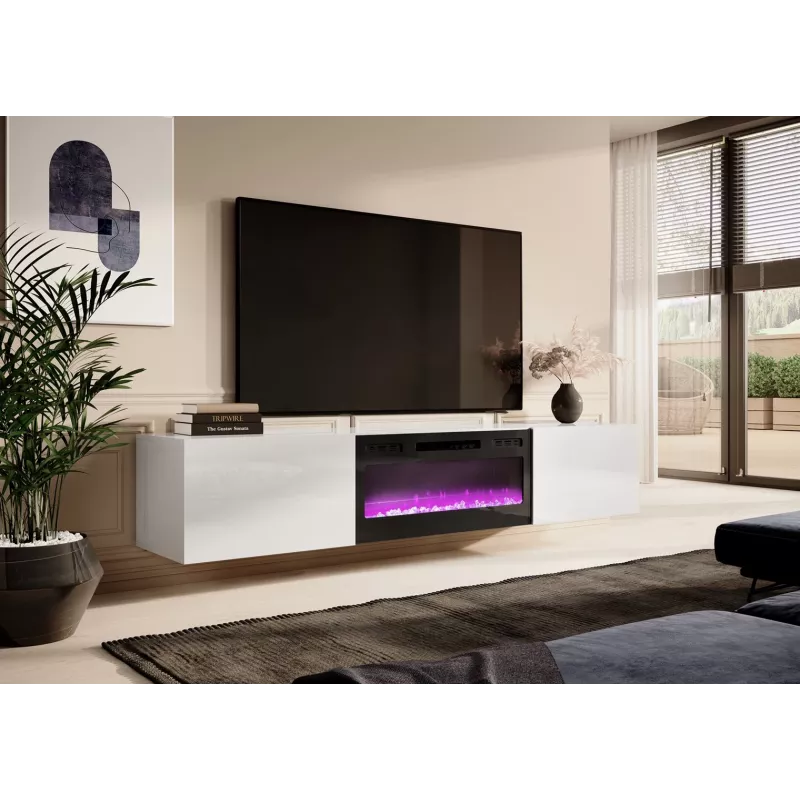 Mueble TV Cama Meble SLIDE 200K con chimenea eléctrica 200x40x37 cm blanco brillante