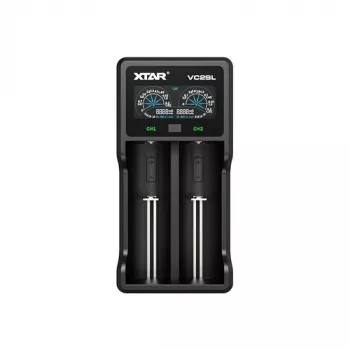 Cargador de pilas XTAR VC2SL — USB 5V 1A, LCD, carga 2 celdas, compatible Li-Ion/NiMH/NiCd, tamaños A/AA/AAA/AAAA/C/D/SC, negro