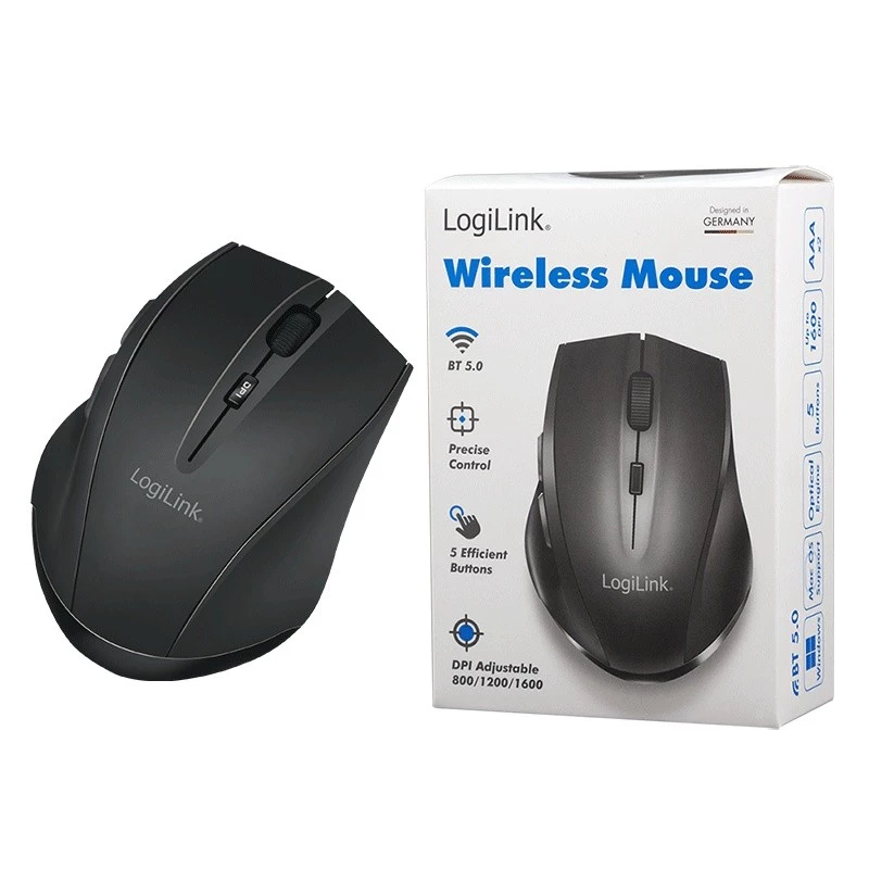 Ratón inalámbrico Logilink BT5.0, ergonómico, negro