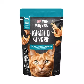 Comida húmeda para gatos Pan Mięsko Pavo con atún 85 g — Comida húmeda completa para gatos adultos, 81 % humedad, 10,5 % proteína
