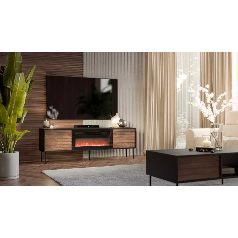 Mueble TV cama meble CORTINA 180x40x60 cm negro/nogal con chimenea eléctrica negra
