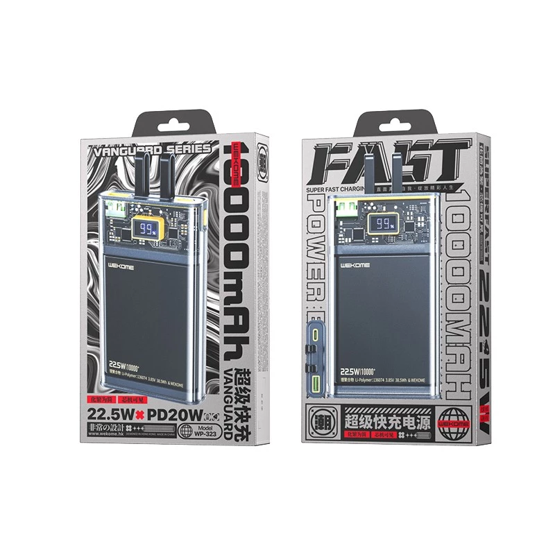Batería externa WEKOME WK-WP-323 serie Vanguard, 10000 mAh, cable USB-C y Lightning integrado, PD 20 W + QC 22,5 W