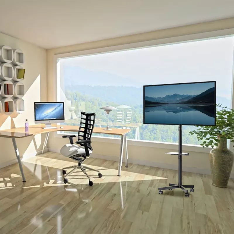 Maclean MC-949 soporte móvil con ruedas para TV de 32–55 pulgadas, VESA 75×75–400×400, máx. 25 kg, altura 149,5–154,5 cm, inclinación +5°, estante, negro