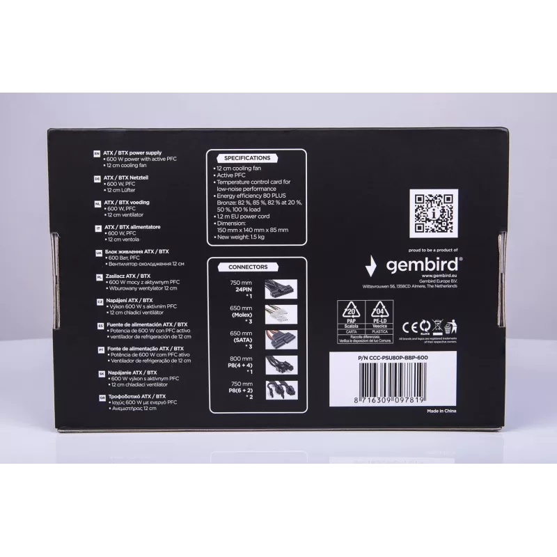 Fuente de alimentación ATX 80+Bronze 600W PFC activo, ventilador de 12 cm