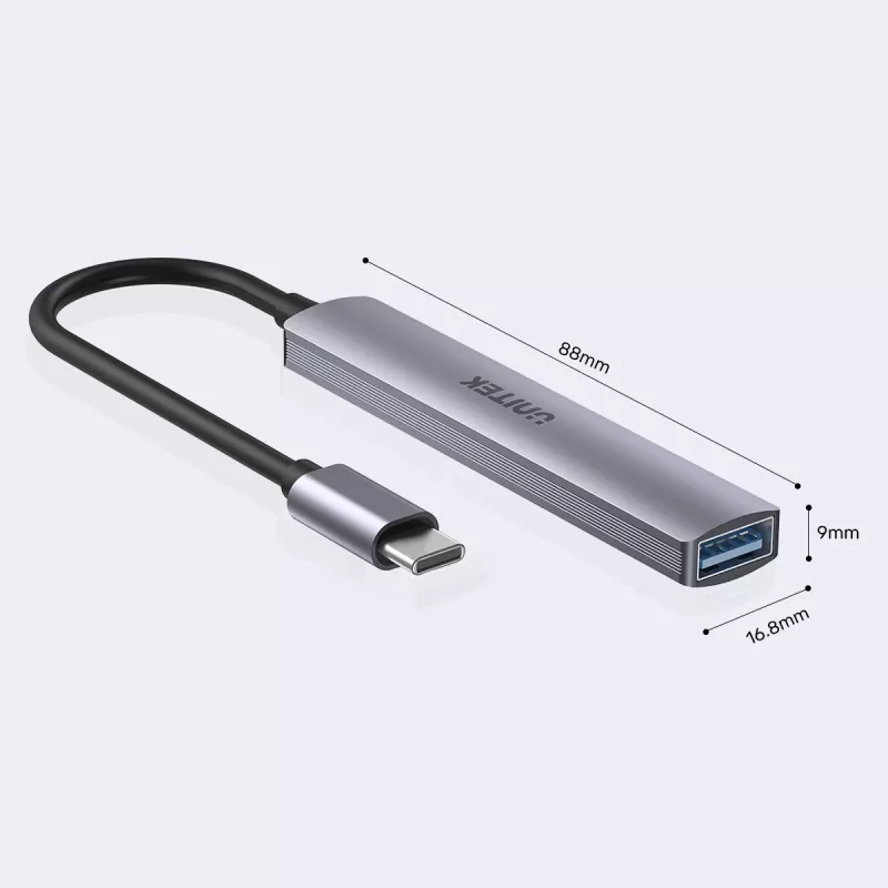 Hub USB-C Unitek H1208B — 1x USB-A 5 Gbit/s, 3x USB-A 2.0, host USB-C, carcasa de aluminio, cable de 0,20 m