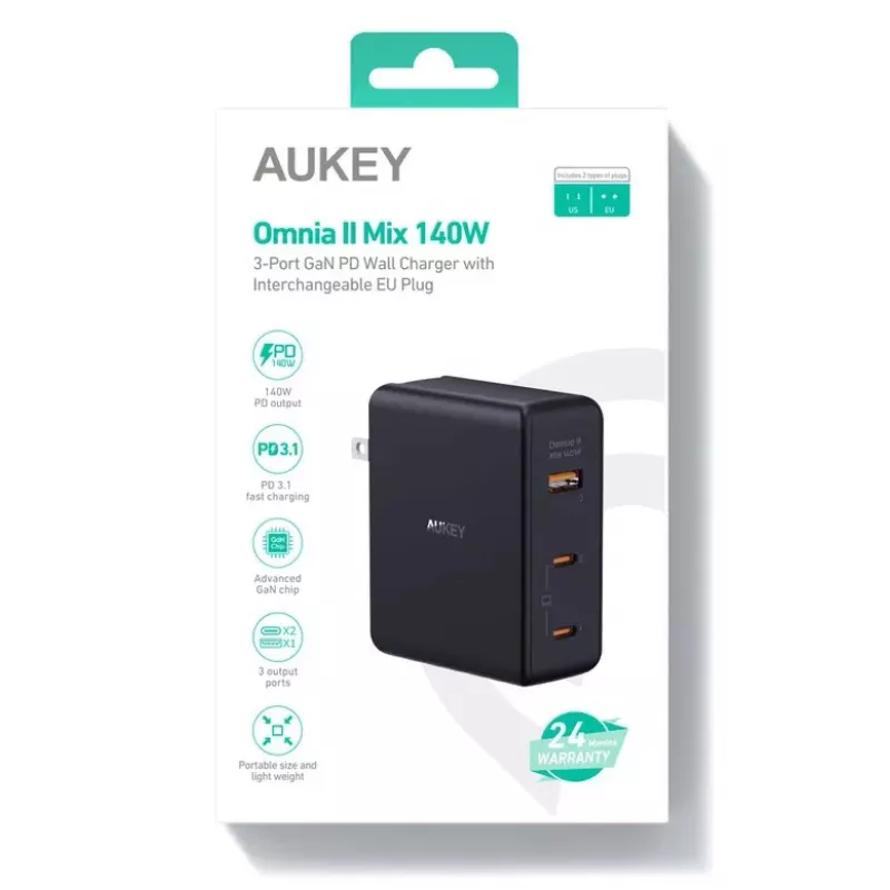 Cargador de pared Aukey PA-B7O, 3×USB, tecnología GaN