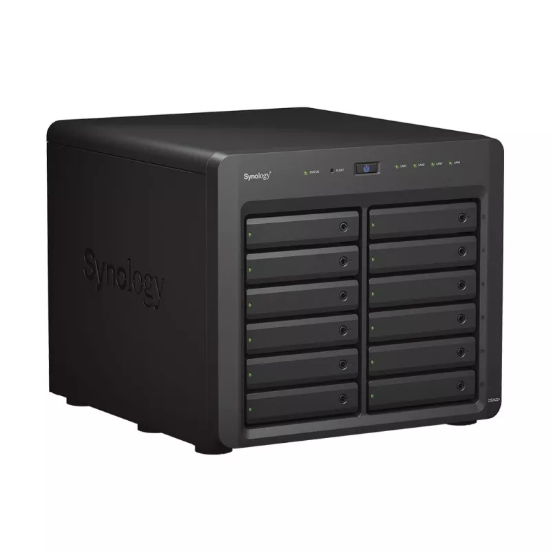 NAS Synology DS2422+; torre; 12x (3,5 SATA HDD/2,5 SATA HDD/2,5 SATA SSD); AMD Ryzen V1500B;,4 GB DDR4 (máx. 32GB),4 x 1GbE RJ-45