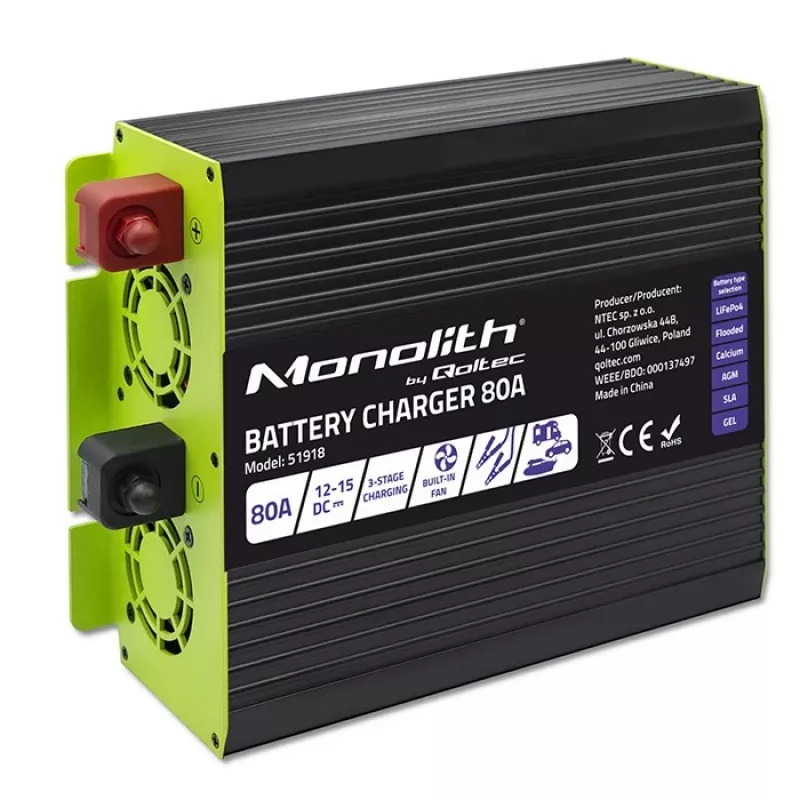 Cargador de baterías QOLTEC 51918 80A 12V – cargador para baterías LiFePO4, AGM, GEL, SLA