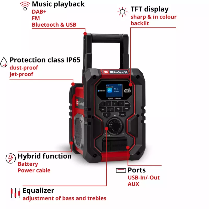 Radio portátil EINHELL TE-CR 18 Li DAB+ FM Bluetooth USB, a batería (compatible con TE-CR 18 Li)