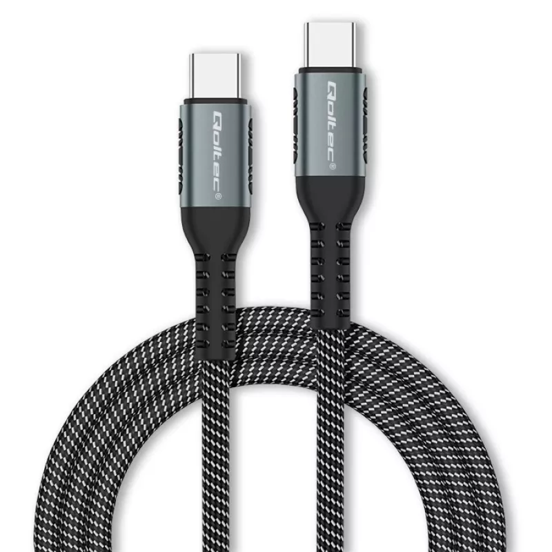 Qoltec 52358 cable USB-C a USB-C, USB 2.0, 480 Mbps, 100 W PD, QC 3.0, trenzado de nailon, 1,5 m, negro