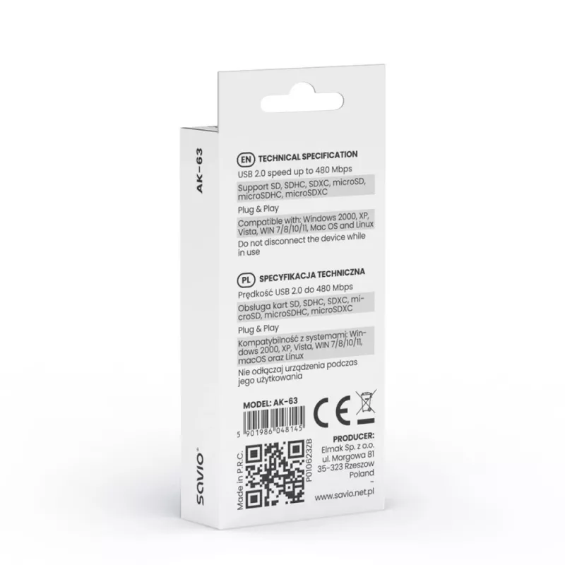 Lector de tarjetas SD, USB 2.0, 480 Mbit/s, AK-63 Savio SAVAK-63