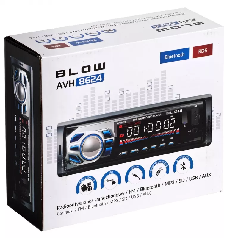 BLOW AVH-8624 autorradio, 1 DIN, FM RDS, Bluetooth, USB, SD/MMC, AUX, MP3, pantalla LCD, mando a distancia, negro