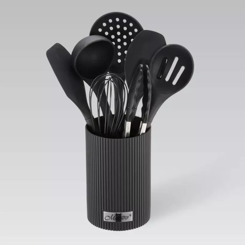 Set de utensilios de cocina Maestro MR-1542 — 8 piezas de silicona para encimera, negro, colgable con soporte de almacenamiento