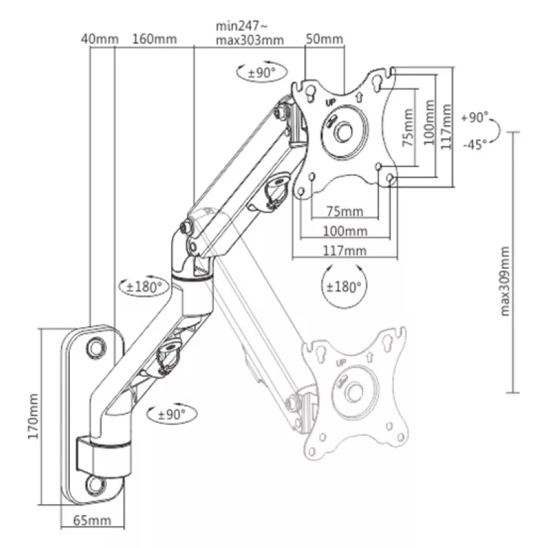 Soporte de pared para monitor Gembird MA-WA1-02, de un brazo, para pantallas de 17 inch-27 inch, VESA 75x75-100x100, carga máx. 7 kg, aluminio, negro