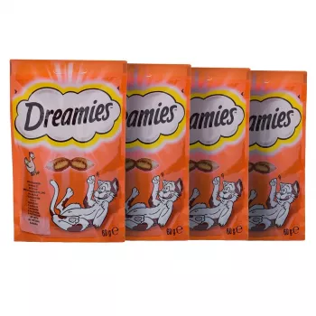 Snacks para gatos Dreamies Cheese, Chicken, Salmon surtido 12×60 g — snacks sólidos con carne, proteína 31%, grasa 21%