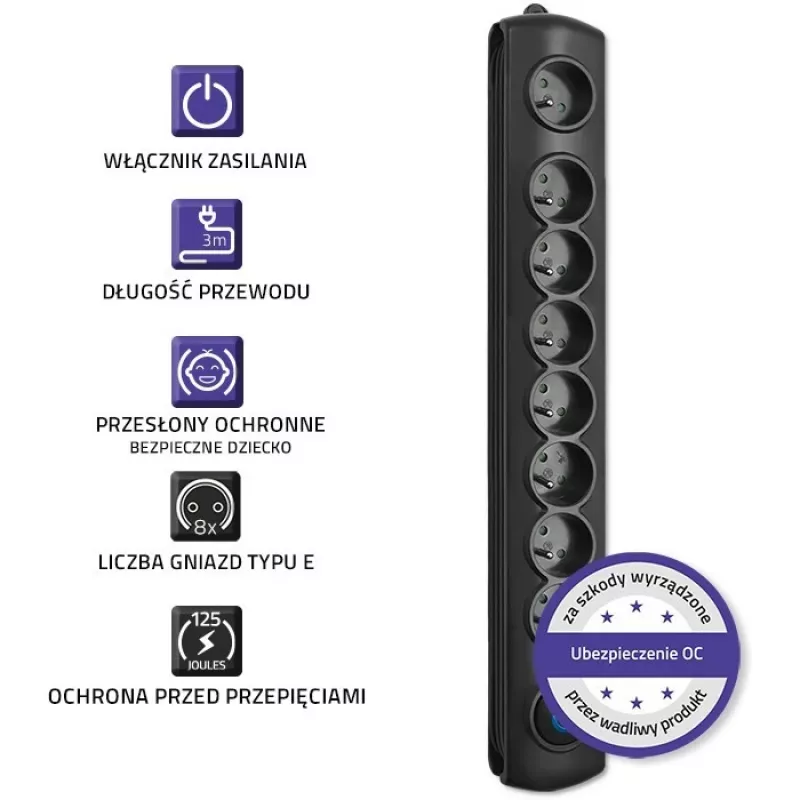 Protector contra sobretensiones Qoltec 8 tomas 3,0 m 50114