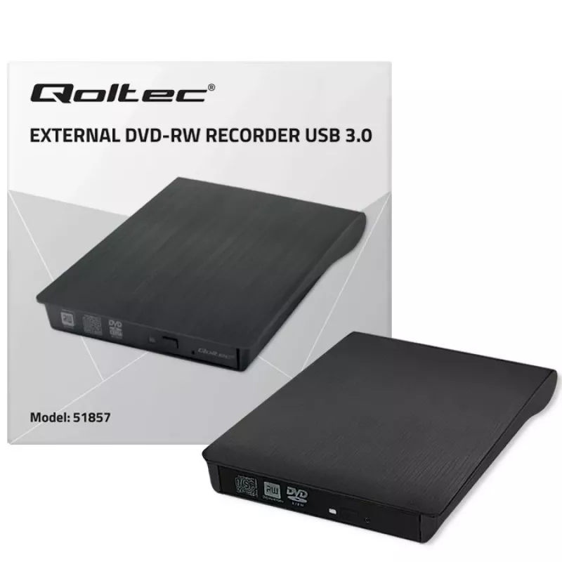 Unidad externa DVD‑RW QOLTEC 51857 — USB 3.0, interfaz SATA, DVD±R 8x, DVD±RW 4x, DVD‑RAM 5x, CD 24x, negra