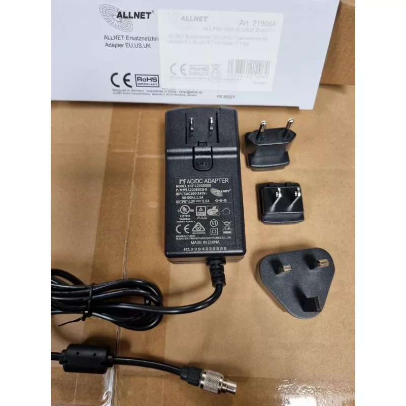 Fuente de alimentación ALLNET ALL-PSU12V5A-EUUSUK-Binder711 12V 5A con conector Binder 7/11 (enchufe EU/US/UK)