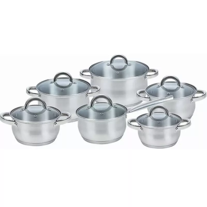 Set de ollas Maestro MR-2120-12 — colección de 12 piezas de acero inoxidable con revestimiento antiadherente, apta para inducción, incluye 6 ollas (16–24 cm) y tapas de cristal