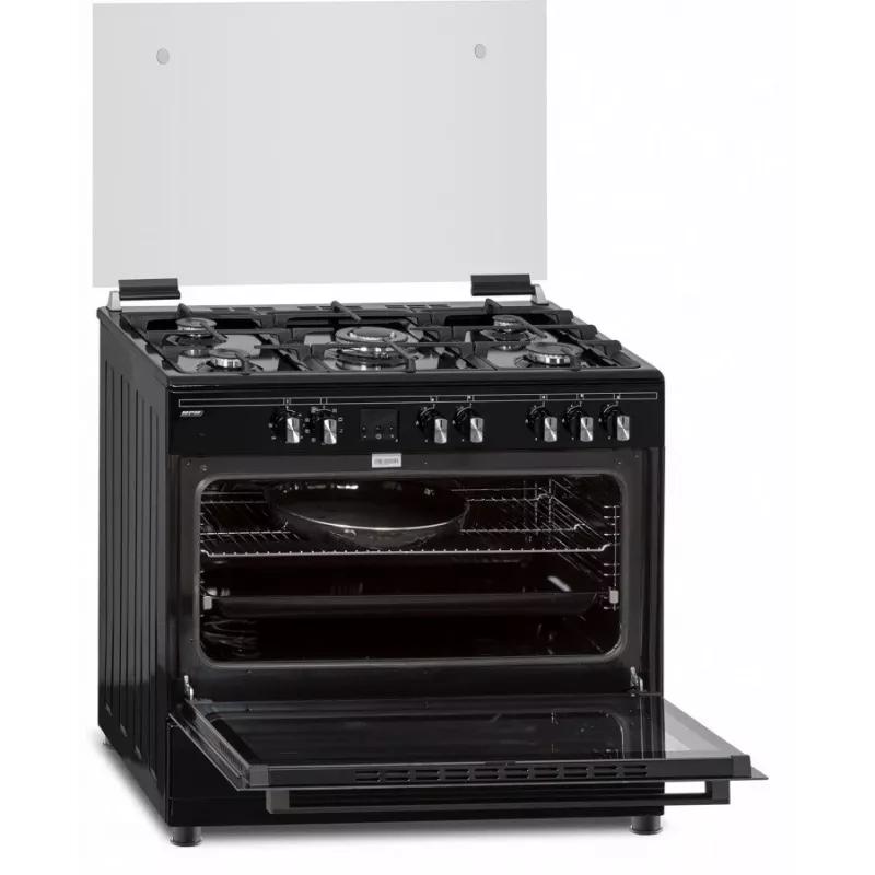 Cocina mixta gas-eléctrica MPM-93-KGM-32 90 cm con placa de gas, horno eléctrico, 5 quemadores, negro, clase energética A