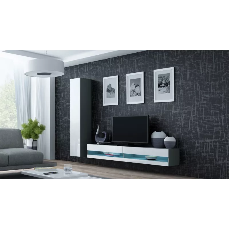 Soporte TV Cama Meble VIGO NEW 30/140/40 — 1400×400×300 mm, parte superior gris, tablero de partículas, marco gris, frentes blanco brillante