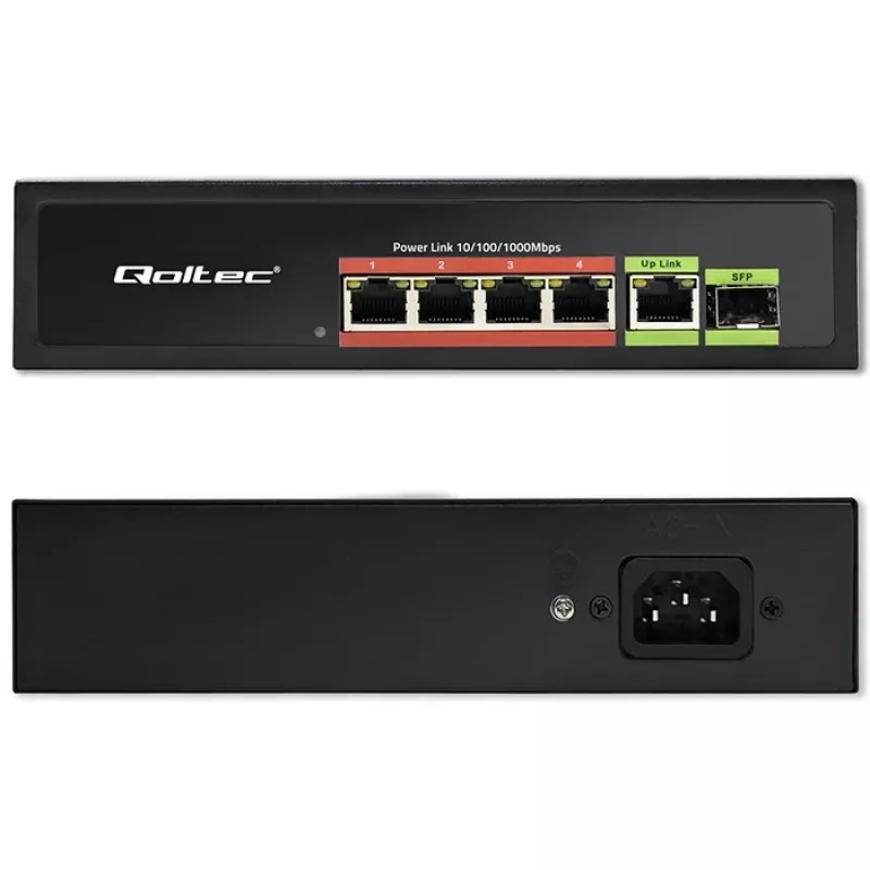 Switch Ethernet PoE QOLTEC 52296 — 4 puertos RJ45 PoE, 1 uplink RJ45