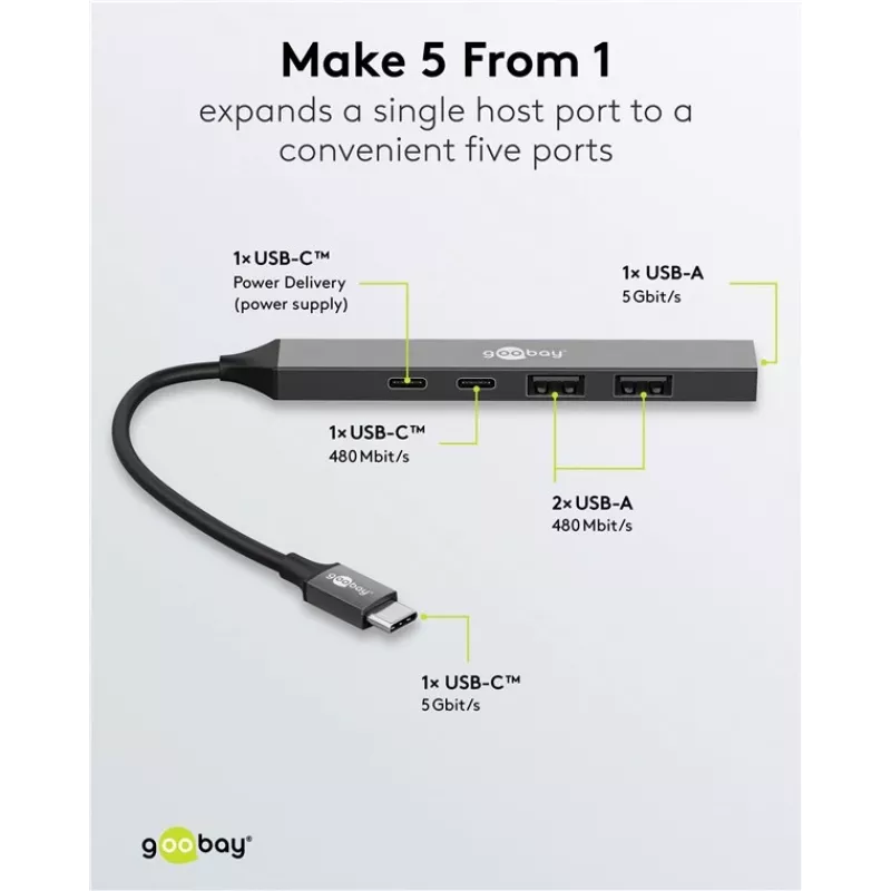 Hub USB Goobay Slim de 5 puertos, USB-C™ a USB-C™/USB-A, USB 3.2 (74460)
