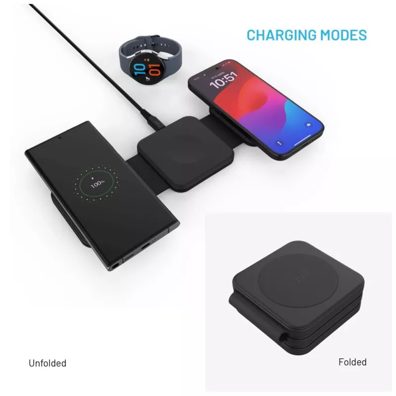 Cargador inalámbrico plegable FIXED FIXFLE-SA-BK 3 en 1 para Samsung — cargador portátil compacto para teléfono, auriculares y wearables