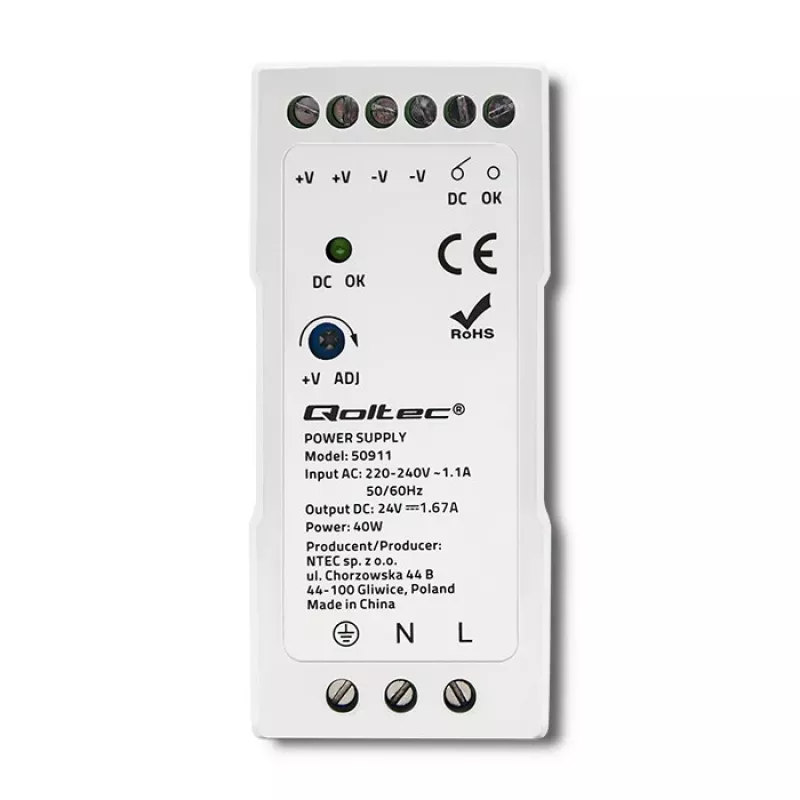 Qoltec Fuente de alimentación para carril DIN | 40W | 24V | 1.67A | Blanco | perfil bajo