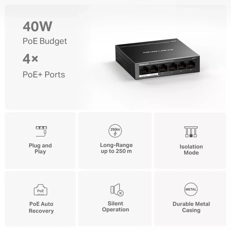 Switch de sobremesa Mercusys de 6 puertos 10/100Mbps con 4 puertos PoE+