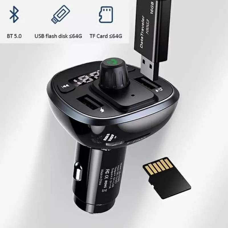USAMS US-CC115 C21 Transmisor FM para coche con cargador USB doble, Bluetooth 5.0, 3,4 A, negro