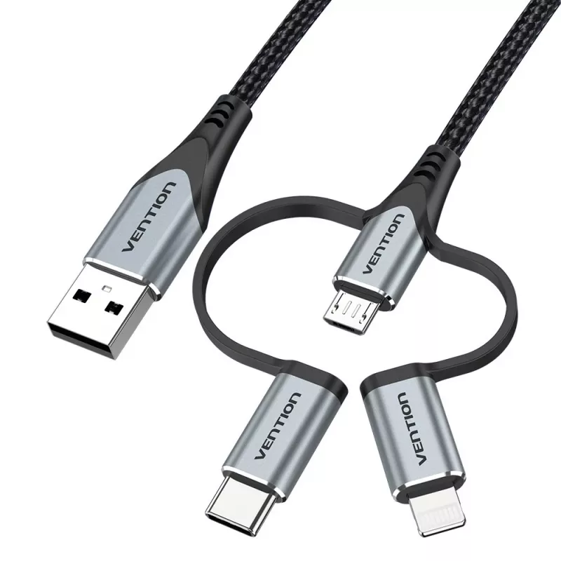 Cable Vention USB 2.0 conector macho A a conector macho 3 en 1 Micro-B&USB-C&Lightning 1M Gris Aleación de aluminio
