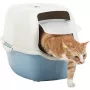 Arenero para gatos con tapa Rotho Bailey 560×400×390 mm, azul/blanco, filtro de carbón, asa, puerta abatible