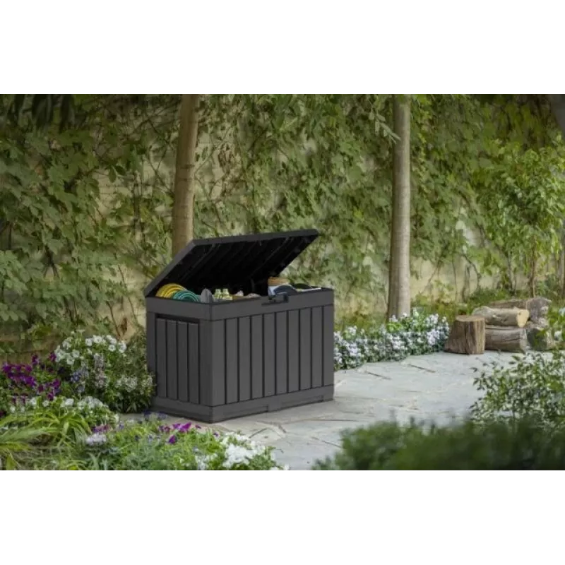 Caja de almacenamiento para exterior Keter Kentwood 190L — 190 litros, grafito, puerta abatible, 823×457×577 mm