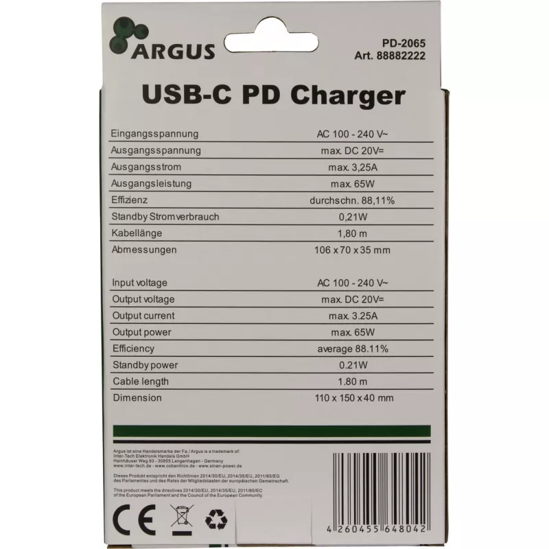 Cargador Inter-Tech PD-2065 universal Negro AC interior