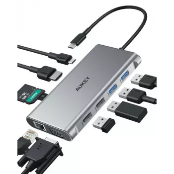 Hub USB-C Aukey CB-C89 10 en 1 con RJ45 1000Mbps, HDMI 4K, varios conectores