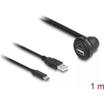 Cable DeLOCK USB 2.0, conector macho USB Type-A y conector macho USB Type-C a conector hembra USB Type-A en ángulo de 90° y conector hembra USB Type-C en ángulo de 90°, 1 m, negro