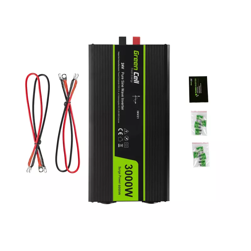 Inversor para coche Green Cell INV21 6000 W, 24V DC-AC, salida 230V, 2x USB PD, refrigeración activa, conectores DC desmontables, negro