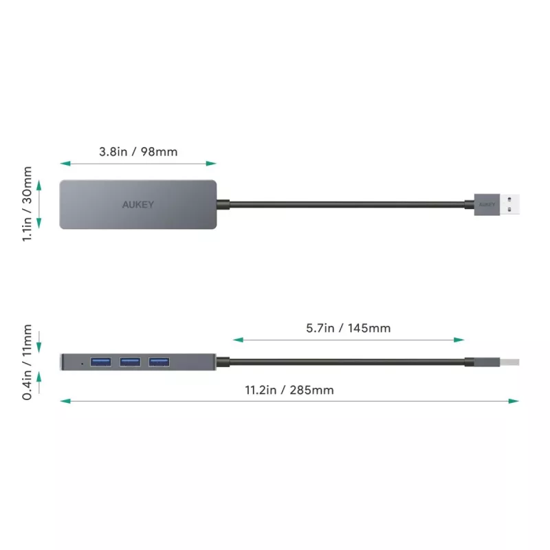 Hub USB Aukey CB-H36 — 4 puertos USB 3.2 Gen 1 Type-A, host USB 2.0, 5000 Mbit/s, aluminio plata