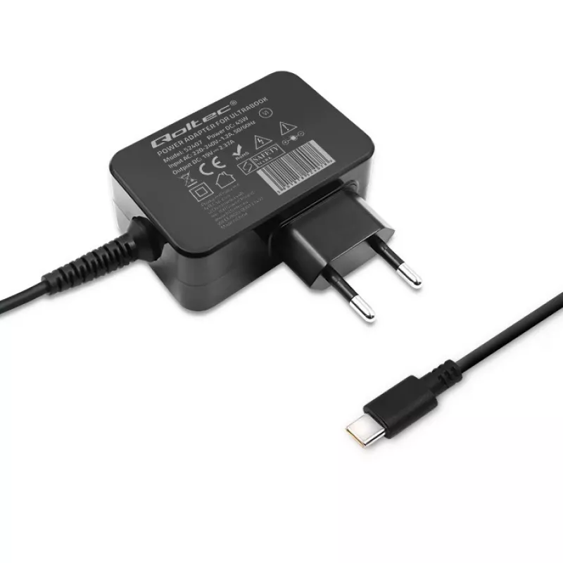 Cargador portátil QOLTEC 51024 – Cargador universal de CA para interiores, 65 W PD, 20 V/3,25 A, cable de 1,2 m, negro