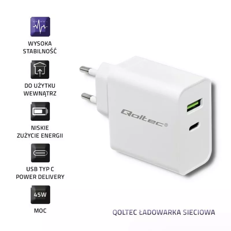 Qoltec 51718 cargador | 45W | 5-20V | 2,4-3A | USB Type-C PD | USB | blanco